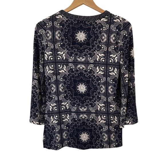 Johnny Was Runa button front henley tee XXS navy cream jersey knit celestial NWT - Picture 3 of 12